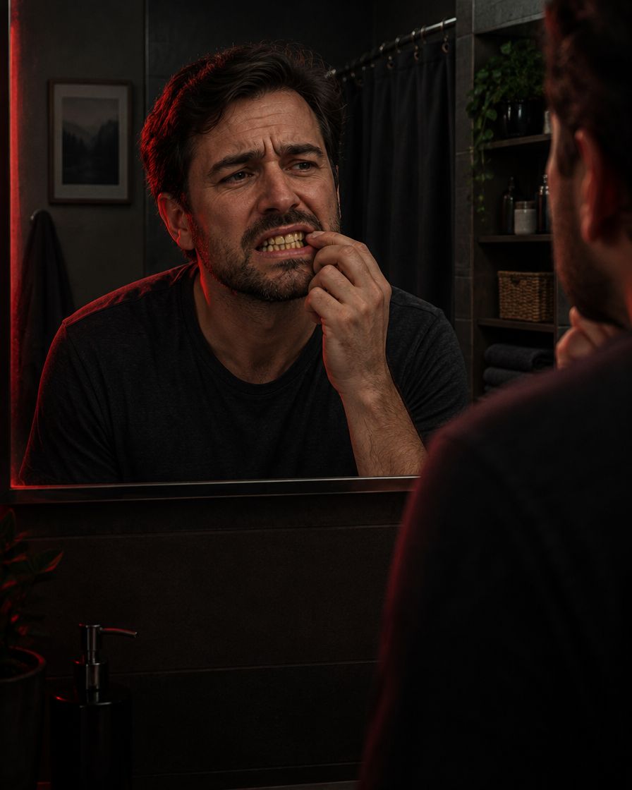 Homem com a mão no rosto, sentindo dor de dente