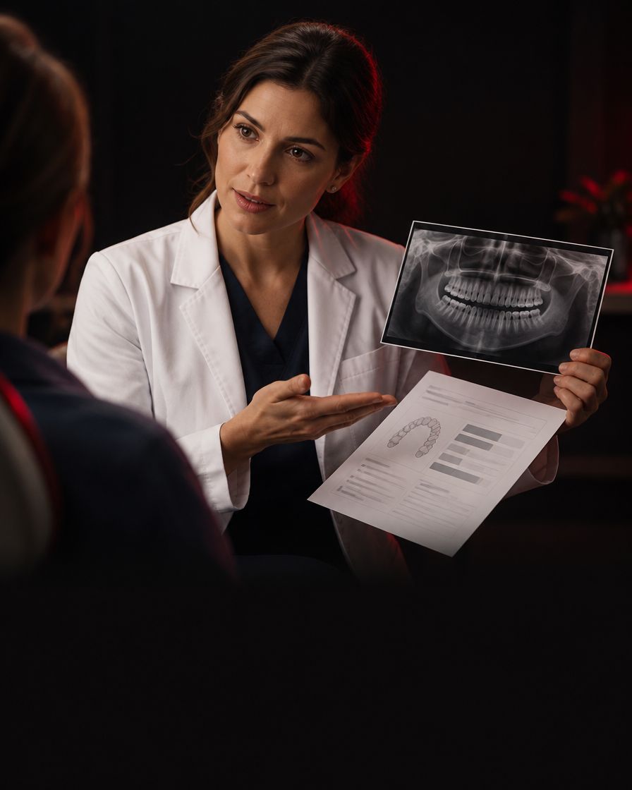 Dentista mostrando uma radiografia e um documento ao paciente